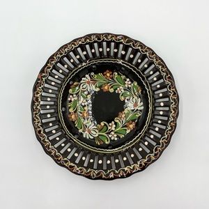 Hand Made 12” Floral Black/Green Bowl Wall Hanger Handpainted Wall Art. CHIP..